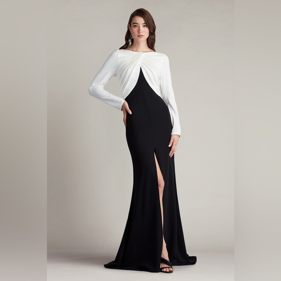 new Tadashi Shoji nelson long sleeve crepe gown in black and white - Picture 1 of 5